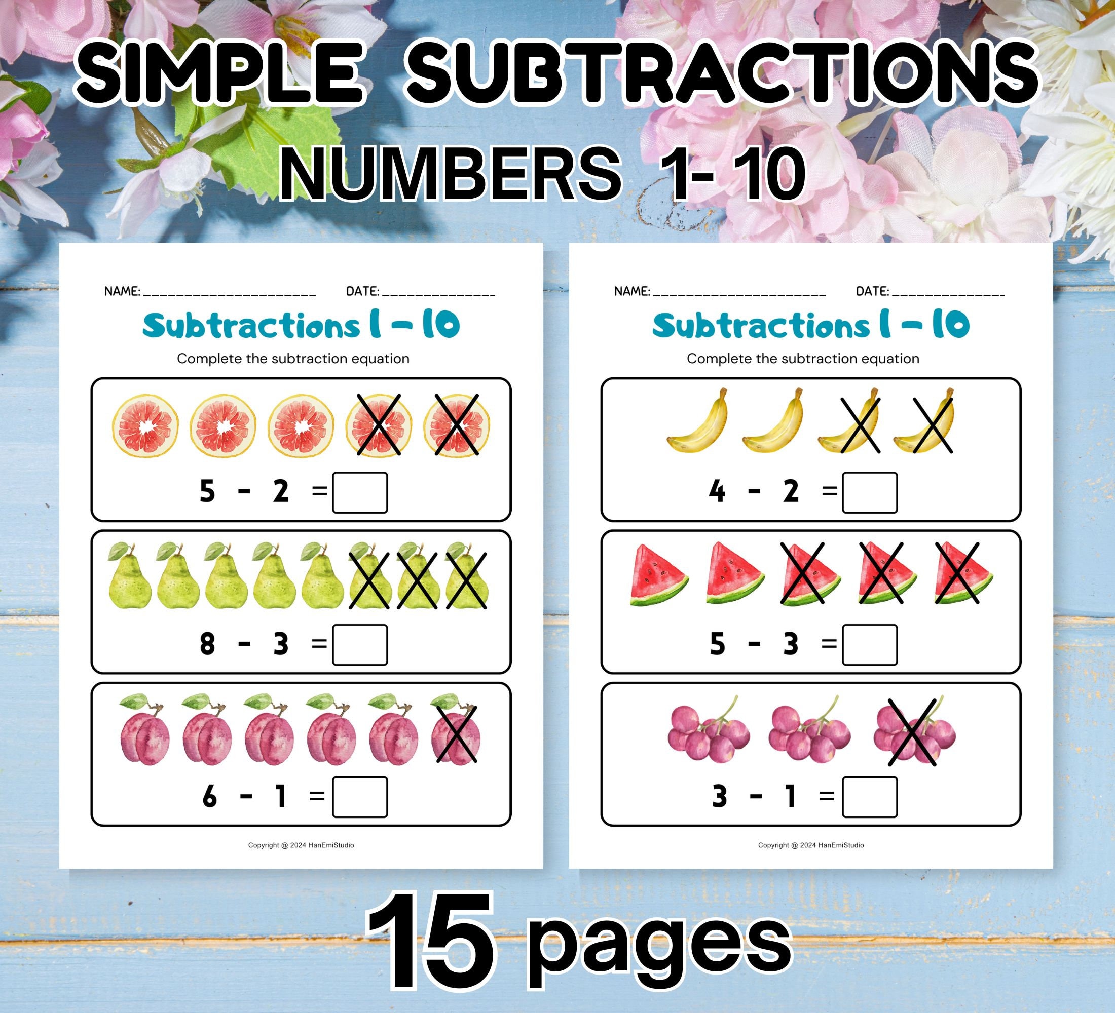 15-Page Simple Subtraction Worksheets Number for Preschoolers and Kindergarteners; Subtraction 1-10; Picture Math; Subtraction Worksheet