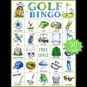 May include: A Golf Bingo game card featuring watercolor illustrations of golf equipment and related items. The grid includes icons like a ball marker, golf cart, green jacket, and scorecard, with the text Golf Bingo at the top and 50 Cards on a starburst.