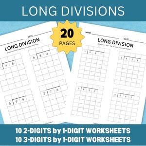 20-page Long Division Worksheets for 4th and 5th Graders; Printable Math Worksheets; Division Worksheets for Kids, 2 Digits by 1 Digit