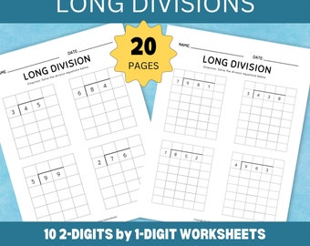 20-page Long Division Worksheets for 4th and 5th Graders; Printable Math Worksheets; Division Worksheets for Kids, 2 Digits by 1 Digit