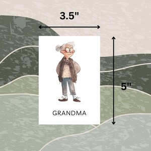May include: A printable card featuring a cartoon illustration of a woman with gray hair wearing glasses and a brown jacket. The card is 5 inches tall and 3.5 inches wide. The text "GRANDMA" is printed below the illustration.