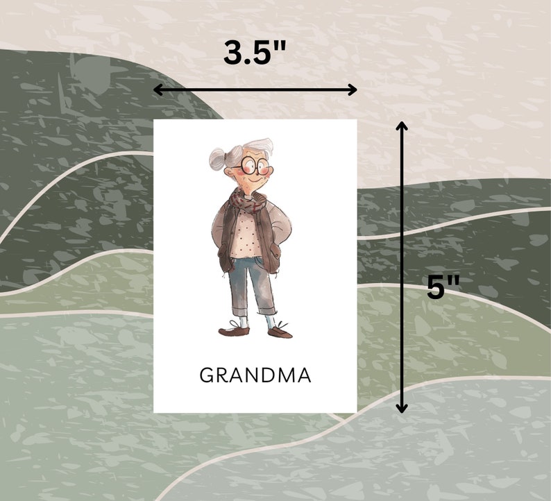 May include: A printable card featuring a cartoon illustration of a woman with gray hair wearing glasses and a brown jacket. The card is 5 inches tall and 3.5 inches wide. The text "GRANDMA" is printed below the illustration.