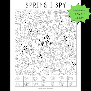 Könnte beinhalten: Schwarz-weiß "Spring I Spy" Aktivitätsblatt mit Frühlingsmotiven wie Vögeln, Schmetterlingen, Regenbögen und Regen. Der Text "hello Spring" ist prominent dargestellt. Erhältlich in 21,6 x 27,9 cm und 45,7 x 61 cm.