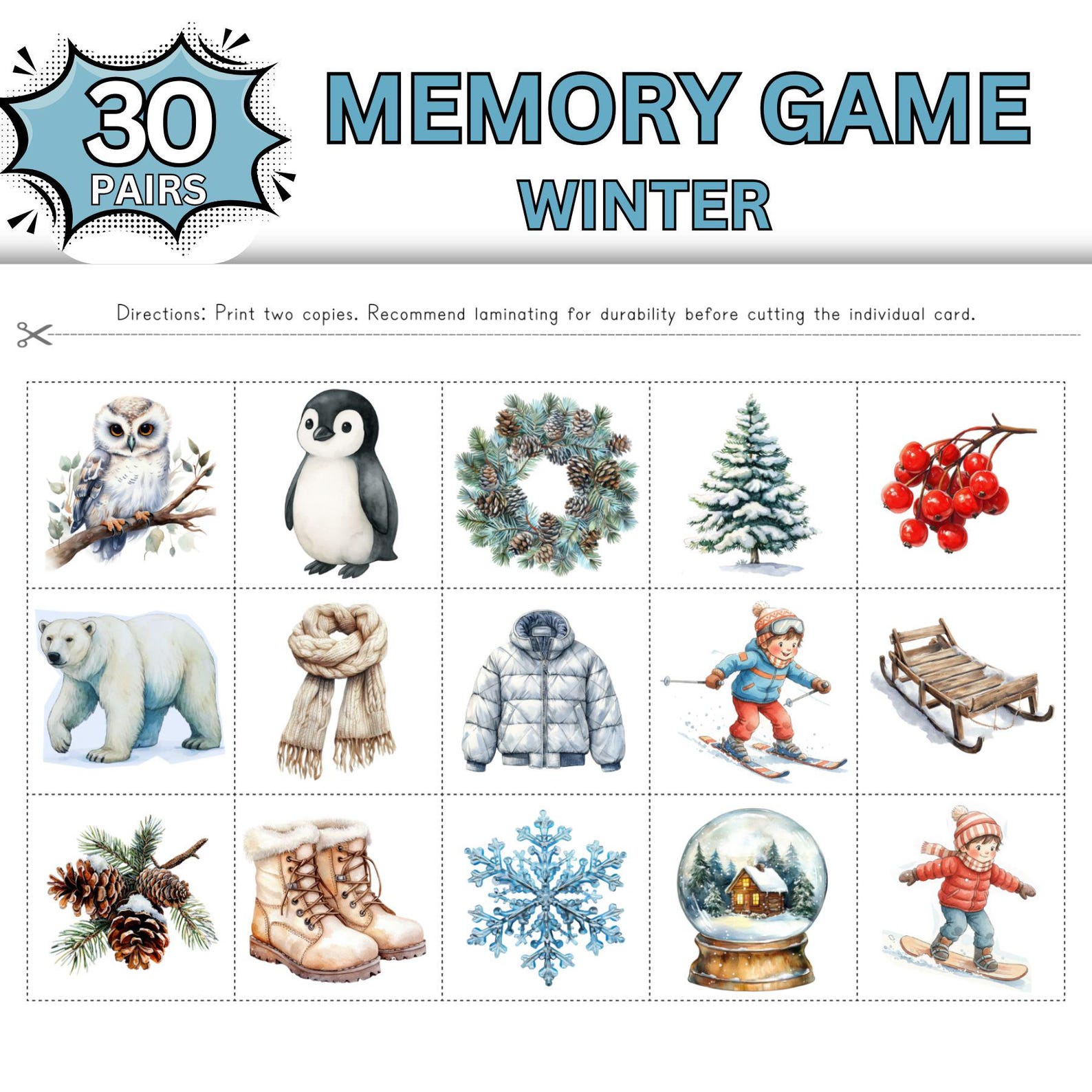 Winter Memory Game; 30 Pairs Printable Matching Cards; Winter Matching ...