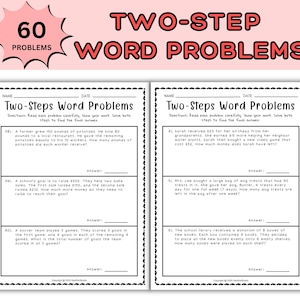 May include: Two-step word problems worksheet with 60 problems. The title is in red, with a pink starburst shape above. The worksheet includes math problems with space for answers. The problems are designed for elementary school students.
