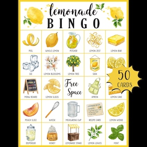Op de afbeelding: Een kleurrijke limonade bingokaart met illustraties van citroenen, ijs en andere limonade-gerelateerde items. De kaart bevat de tekst "Lemonade Bingo" en "50 Cards". Het spel bevat een verscheidenheid aan afbeeldingen, waaronder een kan, citroenschijfjes en een receptkaart.