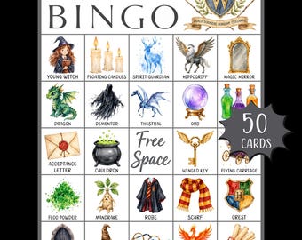 Juego de bingo de la escuela de magia para imprimir; Bingo mágico; Juego de fiesta de magos para niños; Juego de bingo de fantasía; Juegos de Potter Head; Juegos para fiestas de cumpleaños