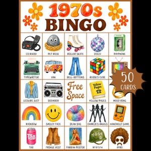 Op de afbeelding: Een 1970s Bingo-spelkaart met 25 vakjes met illustraties van items zoals een CB-radio, huisdiersteen, rolschaats, discobal, telefooncel, typemachine, busje, broek met wijde pijpen, Rubik's kubus, boombox, Gouden Gids, stemmingsring, regenboog, smiley, zitzak, Charlie's Angels, handheld game, Tab-frisdrank, vest met franjes, Farrah-poster, M*A*S*H-helm en afro. Een bruine ster-afbeelding geeft aan dat er 50 kaarten zijn.
