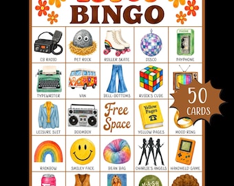 Jogo de Bingo Imprimível dos Anos 70; Jogo de Bingo Retrô dos Anos 70; Jogo de Festa Divertido dos Anos 70; Atividade para Noite de Trivia dos Anos 70; Bingo Nostálgico; Jogo Imprimível para a Terceira Idade