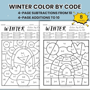 Op de afbeelding: Twee pagina's winter-thema kleur-op-code werkbladen. De werkbladen bevatten optel- en aftreksommen met sommen en verschillen tot 10. De pagina's bevatten een pinguïn en een iglo om in te kleuren.