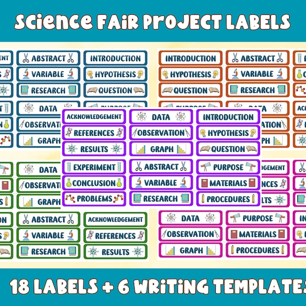 18 Science Fair Project Labels and 6 Writing Templates, Learning Resource, Project labels, Presentation materials, Printable labels