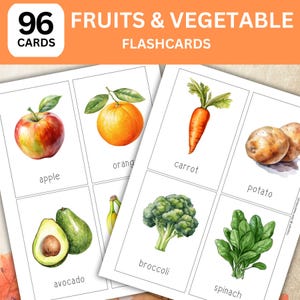 96 aquarel fruit- en groentekaarten; Aquarel Flashcards; Fruit-flashcards; Woordenschat-flashcards; Plantaardige flashcards