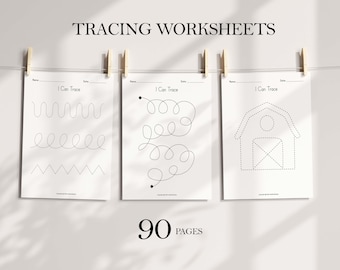 Puede incluir: Tres hojas de trabajo de trazado en blanco y negro con el texto "I Can Trace" en la parte superior de cada página. Las hojas de trabajo presentan líneas punteadas para trazar formas simples, líneas onduladas y un granero.