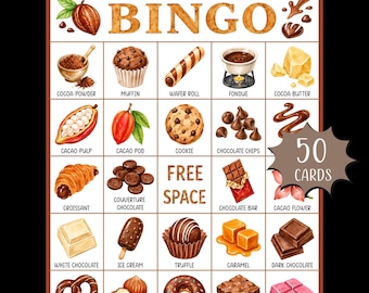 Gra Bingo Czekoladowe do druku; Bingo Cukierkowe; Gra na Urodziny; Bingo na Baby Shower; Bingo na Halloween; Bingo na Walentynki