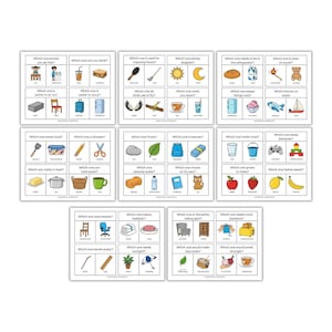 May include: A collection of educational flashcards with colorful illustrations and text. Each card poses a question like "Which one should you do first?" or "Which one is safer to touch?" promoting learning.
