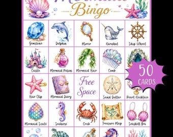 Juego de bingo de sirenas para imprimir; Actividad para fiesta de cumpleaños de sirenas; Bingo bajo el mar; Juegos para fiestas de sirenas; Bingo de cumpleaños; Bingo del océano
