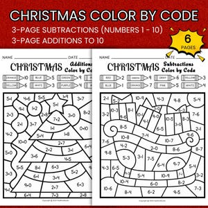 Peut inclure: Cahier d'activités de coloriage par code sur le thème de Noël avec des problèmes d'addition et de soustraction. La couverture présente le titre "Christmas Color by Code" et des instructions pour 3 pages de soustractions et d'additions. Le livre contient 6 pages.