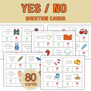May include: A set of educational "Yes / No" question cards with various illustrations and questions. The cards cover topics like safety, health, and everyday scenarios. The image includes the text "YES / NO QUESTION CARDS" and "80 cards".