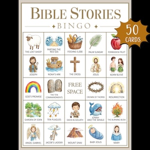 May include: A Bingo game card titled "Bible Stories" with illustrations of biblical events and figures. The card includes images of the Lost Sheep, Noah's Ark, Jesus, and more. The card has 50 cards.