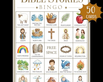 Gra bingo „Opowieści biblijne” do druku; Gra bingo w szkole niedzielnej; Aktywność w szkole niedzielnej; Gra „Znajdź i znajdź historie biblijne”; Bingo kościelne
