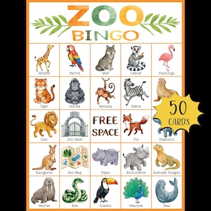 Op de afbeelding: Een kleurrijke Zoo Bingo-spelkaart met illustraties van verschillende dieren, waaronder een giraffe, papegaai en tijger. De kaart bevat de tekst "ZOO BINGO" en "50 KAARTEN".