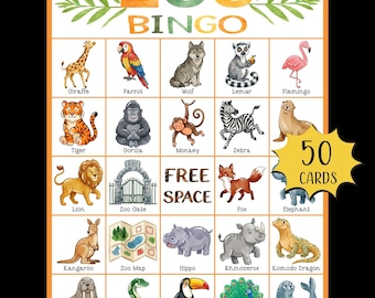 Gra do druku: Bingo w zoo; Bingo ze zwierzętami dla dzieci; Zabawa na imprezę w zoo; Gra w bingo w klasie; Gra edukacyjna dla przedszkolaków; Wieczór gier rodzinnych