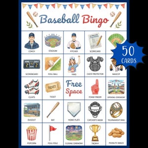 Puede incluir: Tarjeta de juego de Bingo de béisbol con varias ilustraciones temáticas de béisbol, incluyendo un entrenador, un estadio, un lanzador y un marcador. La tarjeta presenta el texto "Baseball Bingo" y "50 Cards".