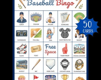 Juego de bingo de béisbol imprimible; Juego de fiesta de béisbol; Bingo de deportes de equipo; Juego de fiesta de fin de temporada; Juego de fiesta de béisbol; Juego de béisbol profesional;