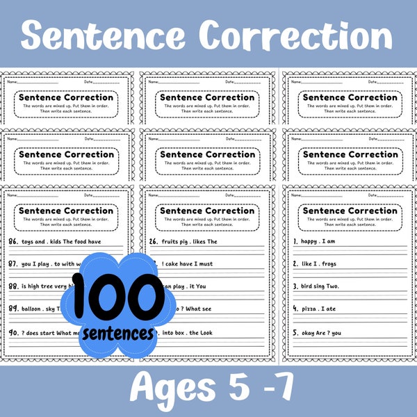 20 Sentence Correction Worksheets for Ages 5-7 (Kindergarten, 1st grade, 2nd grade), Build a Sentence, I Can Write, Grammar Worksheets