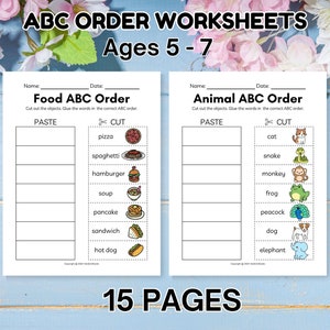 15 pagina's ABC-bestelwerkbladen voor kinderen van 5-7 jaar; Afdrukbare werkbladen; Alfabetherkenning; Afdrukbaar voorschoolse; Werkblad alfabetische volgorde
