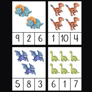 Può includere: Flashcard educative con illustrazioni ad acquerello di dinosauri. Le carte mostrano vari dinosauri in diverse quantità, abbinati ai numeri corrispondenti. I dinosauri sono in tonalità di blu, marrone e verde. I numeri sono neri.