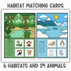 May include: Habitat matching cards featuring illustrations of rainforest and polar habitats. The rainforest section includes a snake, monkey, toucan, and sloth. The polar section includes a walrus, penguin, polar bear, and snowy owl. The text reads "6 Habitats and 24 Animals."