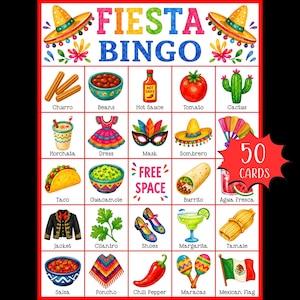May include: A Fiesta Bingo game card featuring a grid of colorful illustrations including churros, beans, hot sauce, a tomato, cactus, horchata, dress, mask, sombrero, taco, guacamole, burrito, agua fresca, jacket, cilantro, shoes, margarita, tamale, salsa, poncho, chili pepper, maracas, and a Mexican flag. The text reads Fiesta Bingo and Free Space, with a red starburst graphic stating 50 Cards.
