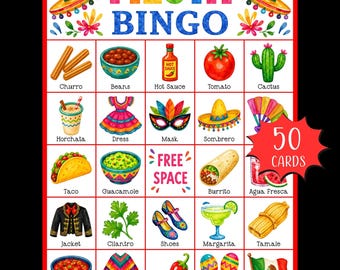 Gra Fiesta Bingo do druku; Loteria; Bingo Cinco de Mayo; Aktywność urodzinowa Fiesta; Meksykańskie gry towarzyskie; Urodzinowe Bingo; Bingo do druku