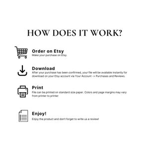 May include: White graphic with the text "HOW DOES IT WORK?" and instructions: Order on Etsy, Download, Print, and Enjoy! Includes icons of a shopping cart, a download arrow, a printer, and a document.