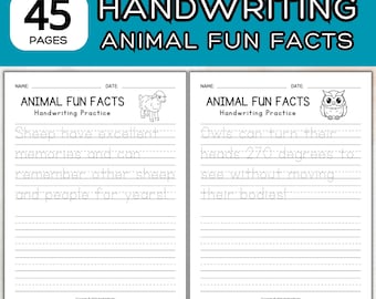 Folhas de exercícios de caligrafia com 45 curiosidades sobre animais; Prática de caligrafia; Folhas de exercícios de traçado; Página para prática de escrita infantil; Prática de caligrafia