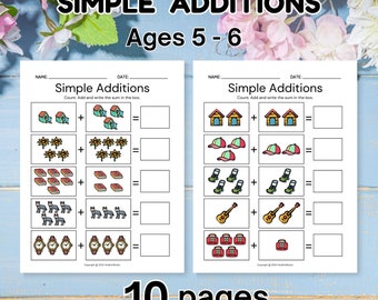 10-Page Simple Addition Worksheets for Preschoolers and Kindergarteners; Homeschool Printable; Easy Math; Preschool math; Addition Worksheet
