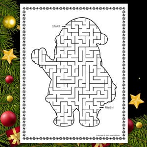 May include: Black and white Santa Claus maze puzzle with "START" and "FINISH" labels. The maze is surrounded by a decorative border and the text "Copyright © 2025 HardiMiStudio". Festive holiday theme.