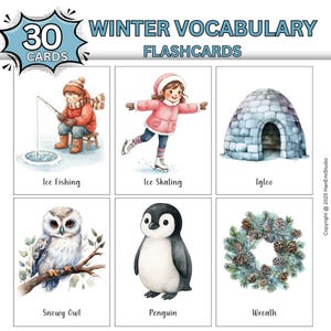 Peut inclure: Jeu de 30 cartes de vocabulaire d'hiver. Chaque carte présente une illustration à l'aquarelle d'images sur le thème de l'hiver, notamment la pêche sur glace, le patinage sur glace, un igloo, un hibou des neiges, un pingouin et une couronne.