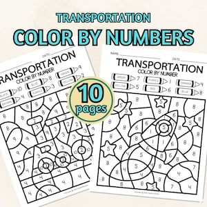 Página para colorear de 10 medios de transporte por números (1 al 10); página para colorear para niños; colorear por código; página para colorear imprimible; hojas de trabajo para preescolar