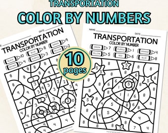 10 Page Transportation Color by Numbers (1 – 10) Printable; Coloring Page for Kids; Color by Code; Printable Coloring Page; PreK Worksheets
