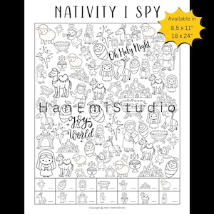May include: Black and white Nativity I Spy activity sheet. The sheet features illustrations of the Nativity scene, including Mary, Joseph, baby Jesus, angels, and animals. Text includes "Oh Holy Night" and "Joy to the World". Available in 8.5 x 11" and 18 x 24" sizes.