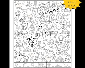 以下が含まれることがあります： 白黒の「Nativity I Spy」アクティビティシート。シートには、マリア、ヨセフ、幼いイエス、天使、動物など、降誕シーンのイラストが描かれています。「Oh Holy Night」と「Joy to the World」のテキストが含まれています。 21.6 x 28 cmと45.7 x 61 cmのサイズで利用できます。