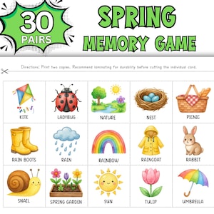 Może przedstawiać: Wiosenna gra pamięciowa z 30 parami. Gra zawiera ilustrowane karty z obrazkami latawca, biedronki, tęczy, kaloszy i innych. Tekst "SPRING MEMORY GAME" jest wyświetlany u góry.