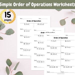 以下が含まれることがあります： 子供たちが演算の順序を練習するための、15ページの数学問題が載った印刷可能なワークシートです。ワークシートには、足し算、引き算、掛け算、割り算の問題が含まれています。ワークシートのタイトルは「Simple Order of Operations Worksheets」です。