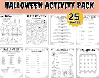 Halloween Kids Activity Pack; Halloween Puzzles; Kids Word Search, Crossword Puzzles; Halloween Trivia; Halloween Activity Pack