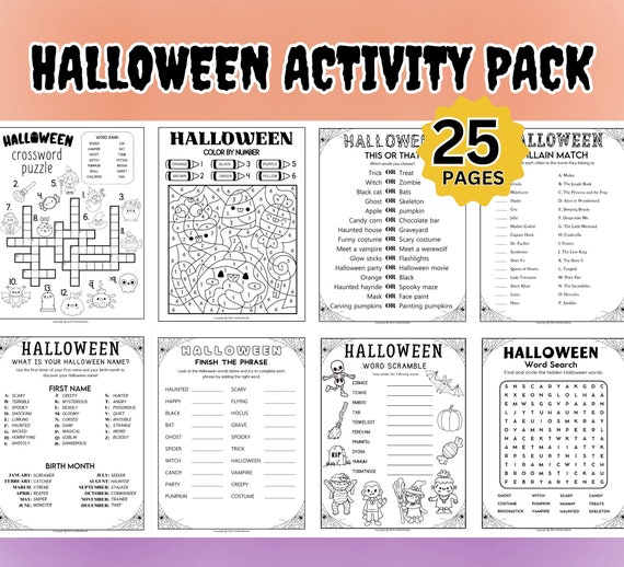 Halloween Kids Activity Pack; Halloween Puzzles; Kids Word Search, Crossword Puzzles; Halloween Trivia; Halloween Activity Pack