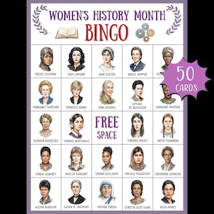 以下が含まれることがあります： 女性の歴史月間のビンゴゲームカード。ベシー・コールマン、ヘディ・ラマー、ジェーン・オースティンなどの著名な女性の肖像画が特徴です。カードには「BINGO」と「50枚のカード」というテキストが紫色の背景に表示されています。