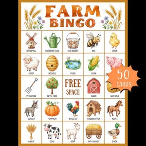 May include: A colorful "Farm Bingo" game card with illustrations of farm animals and objects. The card features a windmill, watering can, egg basket, bee, chick, sheep, beehive, pond, corn, pig, pitchfork, apple tree, barn, hay bale, donkey, pumpkin, rooster, chicken coop, horse, wheat, cow, goat, hay wagon, and duck.