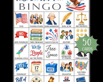 US Constitution Bingo Game Printable; American History Educational Game for Kids; Constitution Day Party Game; Social Studies Games